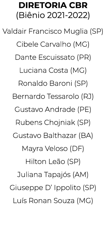 DIRETORIA CBR (Biênio 2021-2022) Valdair Francisco Muglia (SP) Cibele Carvalho (MG) Dante Escuissato (PR) Luciana Cos   