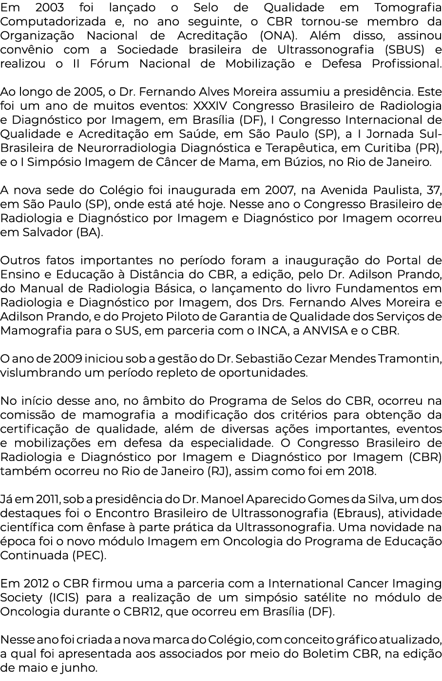 Em 2003 foi lançado o Selo de Qualidade em Tomografia Computadorizada e, no ano seguinte, o CBR tornou-se membro da O   